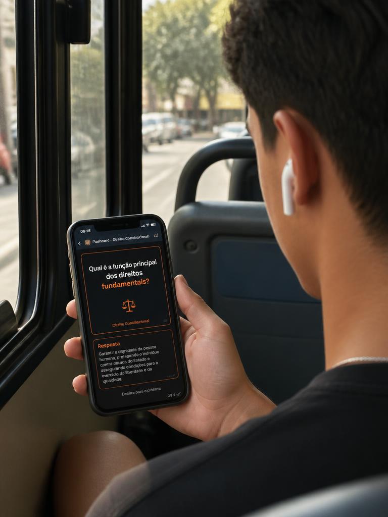 Aluno revisando um flashcard de Direito Constitucional no ônibus