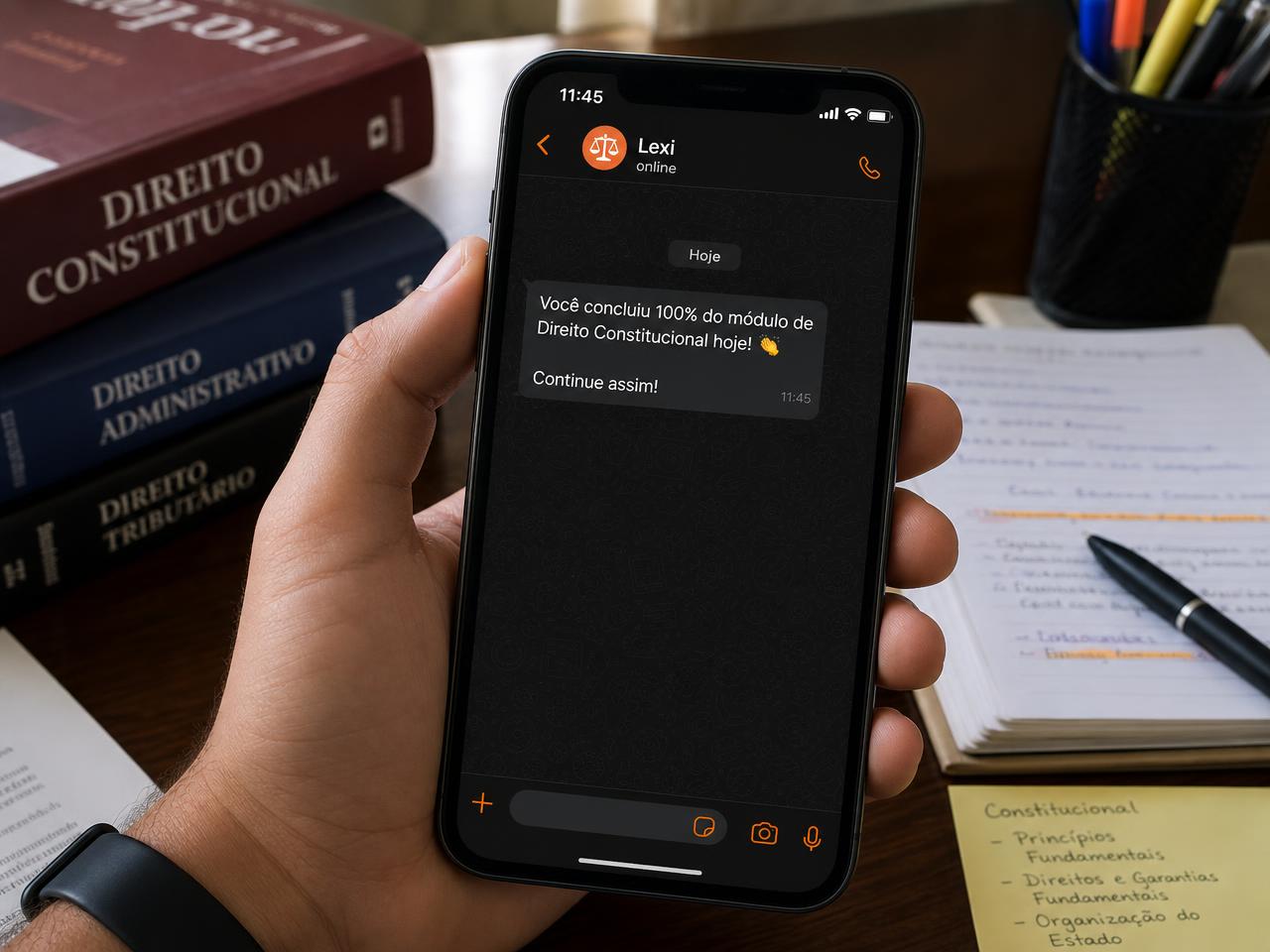 Mão segurando um celular sobre uma mesa de estudos com a notificação da GabariX: Você concluiu 100% do módulo de Direito Constitucional hoje!